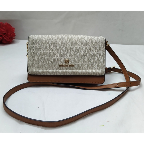 Michael Kors Ivory Leather MK Printed Flap Closure Credit Card Crossbody Bag - Picture 1 of 16